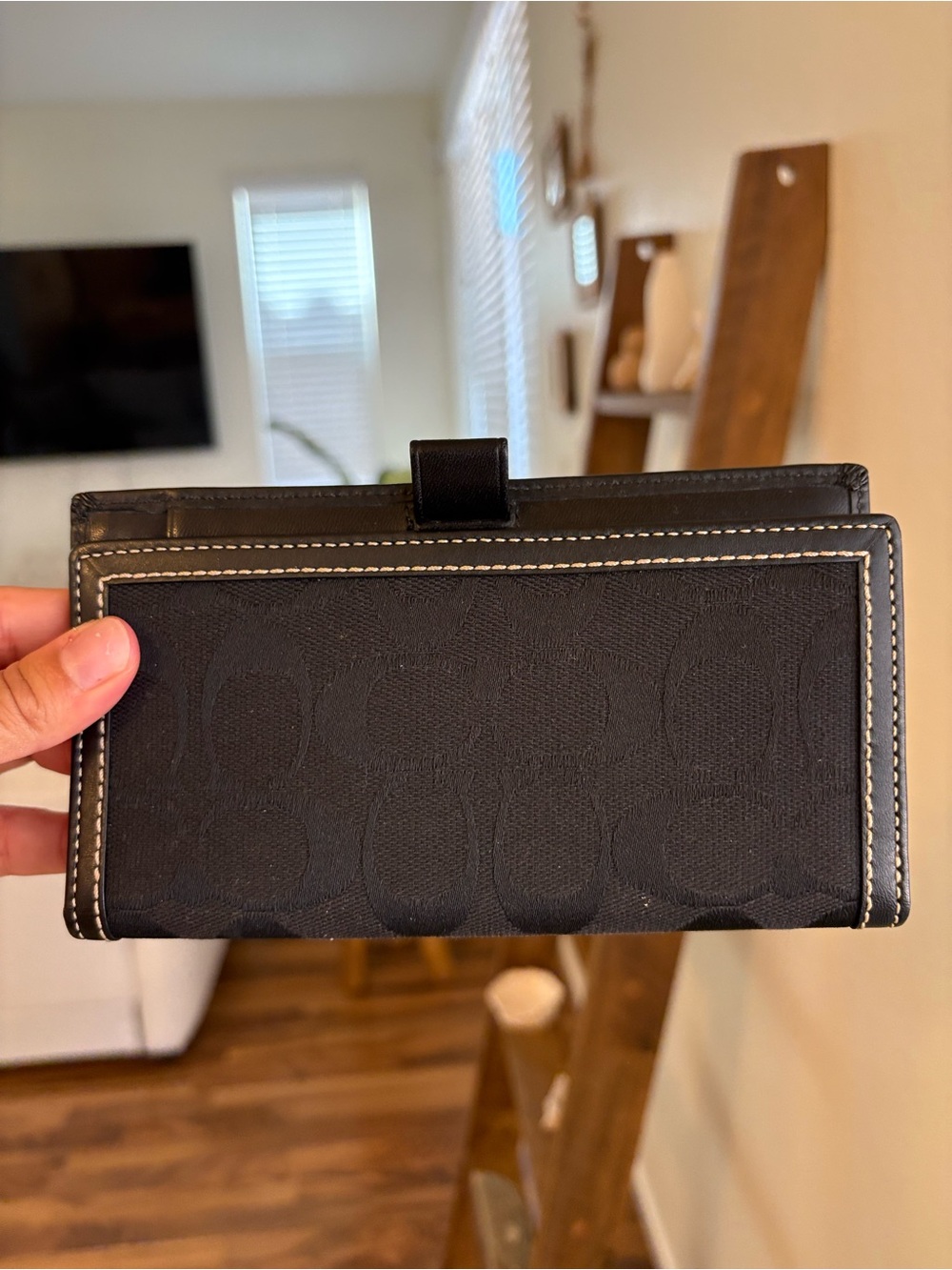 Coach Signature Canvas Jacquard Checkbook Black Brown Leather Trim - Picture 5 of 6
